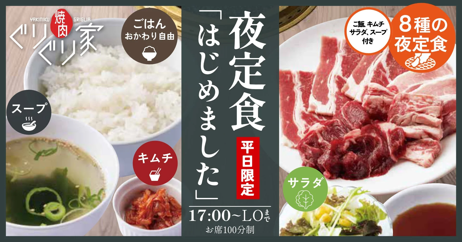 焼肉ぐりぐり家「平日限定 夜定食」告知。ご飯・スープ・キムチと焼肉、サラダ