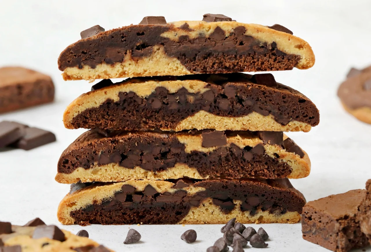 世にもおいしいBROOKIE!!を積み重ねた断面。チョコ生地とクッキー生地
