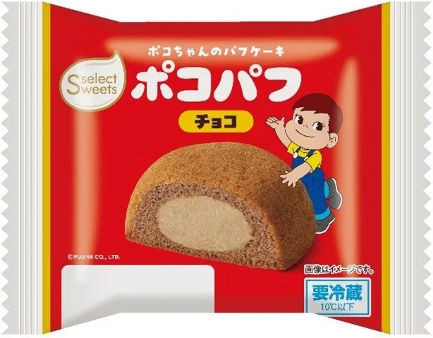 ポコパフ(チョコ)のパッケージ。ポコちゃんと断面のパフケーキ
