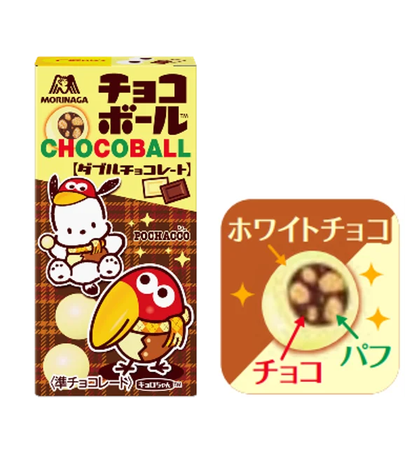 チョコボール<ダブルチョコレート>のパッケージとポチャッコ、キョロちゃん