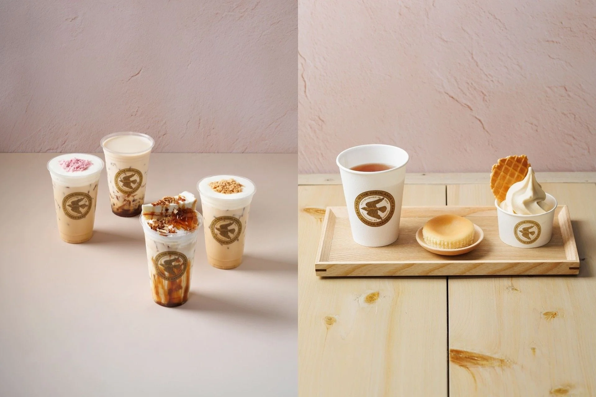 Tea and Cheese 2026のドリンク4種と、手茶とチーズスイーツのセット