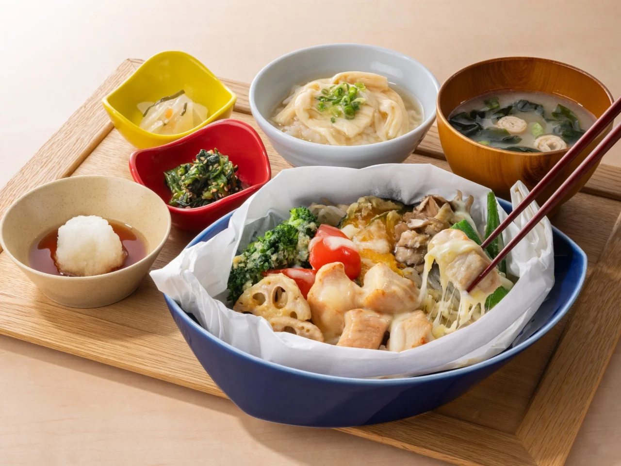 鶏むね肉のチーズ味噌麹蒸し&湯葉あんかけごはん膳のお膳