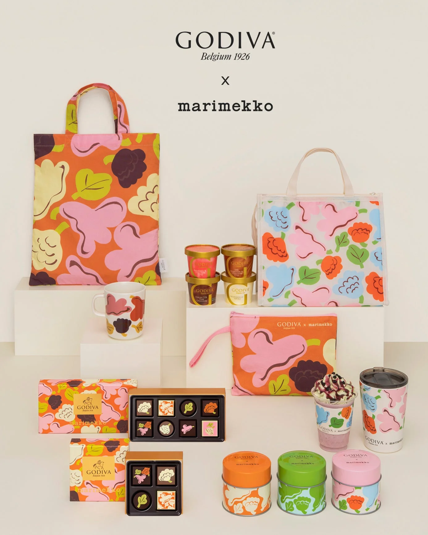 ゴディバ×マリメッコ限定コラボ商品。バッグ、マグカップ、チョコ、缶、アイス、タンブラー