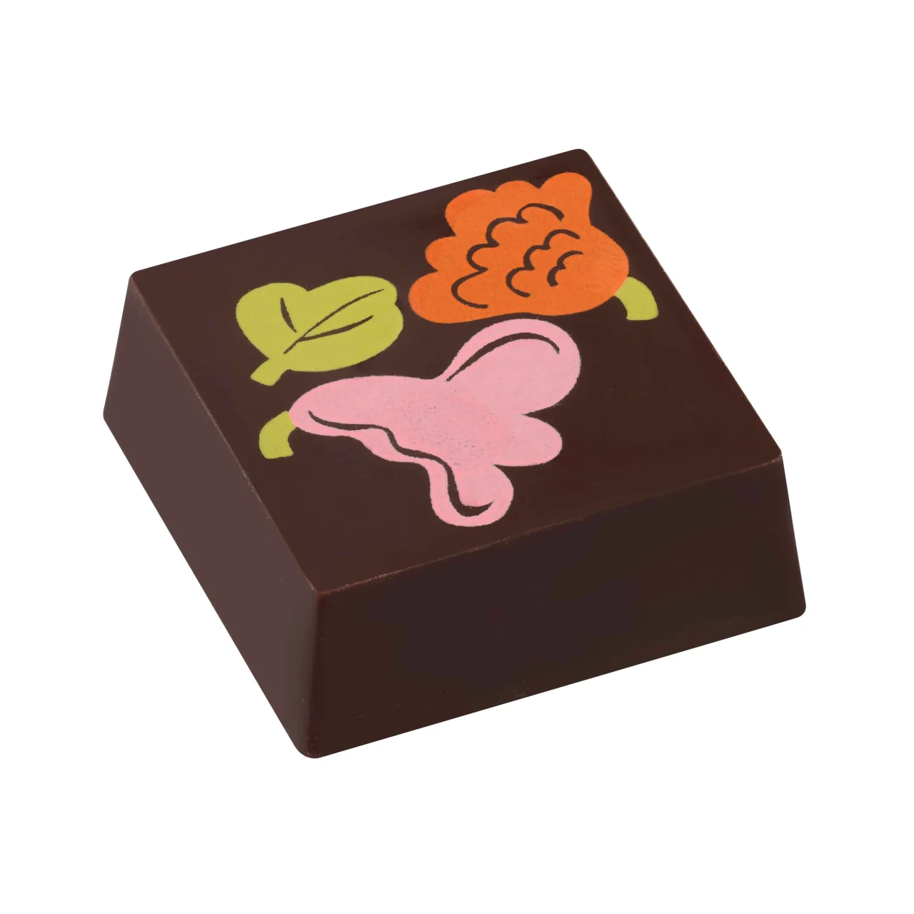 ブルーベリー/フラワーズ。ダークチョコの四角いチョコに花と葉の絵柄