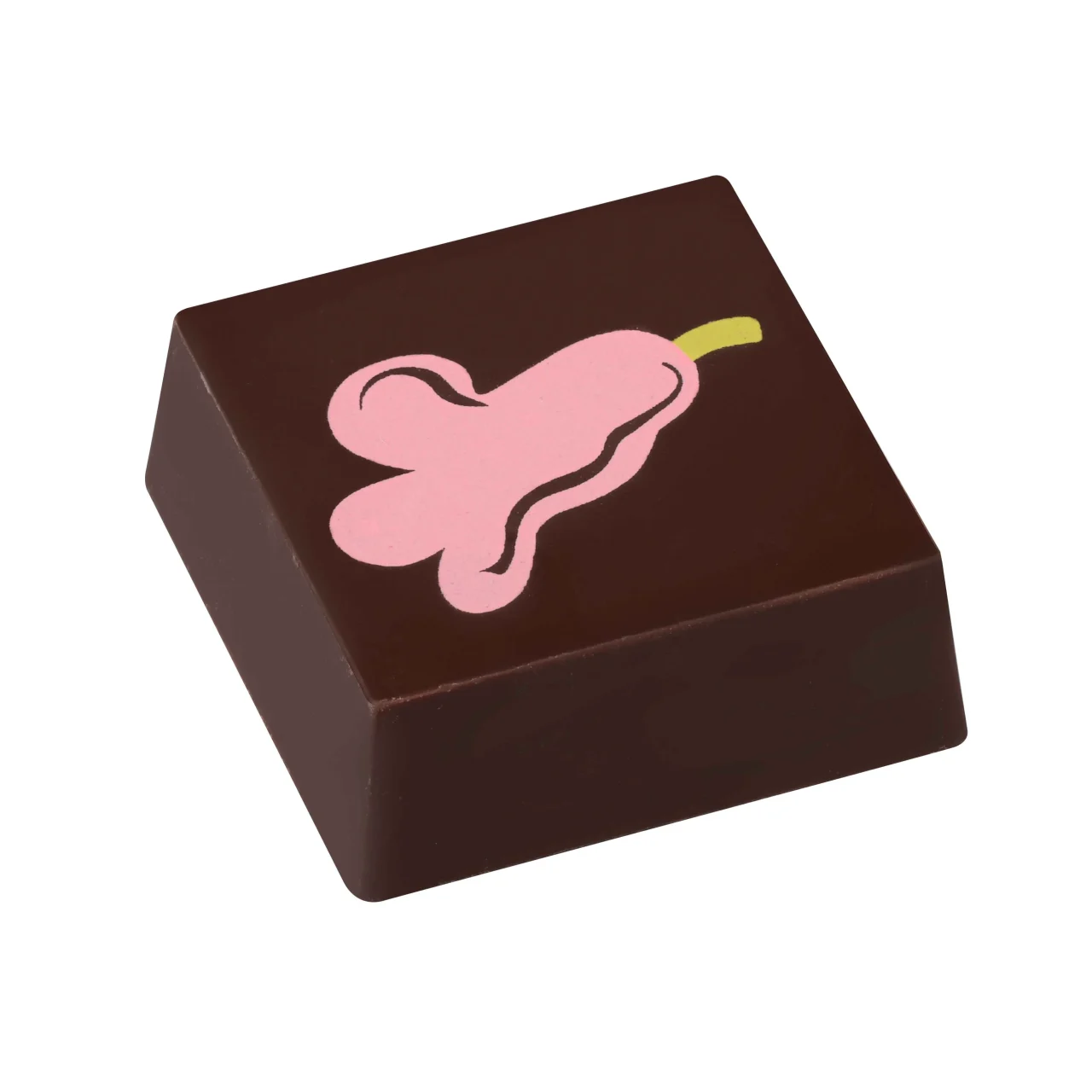 ブルーベリー/フラワー。ピンクの花柄がのったダークチョコレートの四角いチョコ