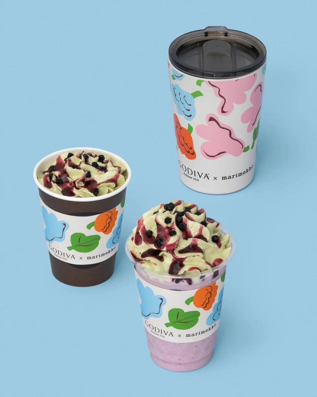 ブルーベリー 抹茶 ショコリキサーとタンブラーセット、花柄のカップ3点