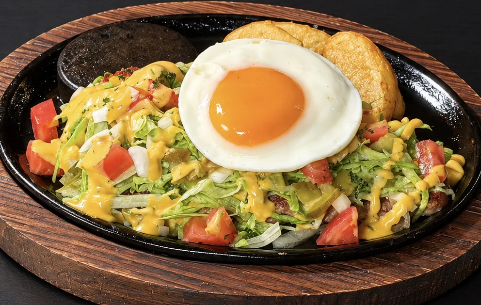 学生ハンバーグ GLTe ~ハンバーガー風~。目玉焼きとレタス、トマトが鉄板に載る