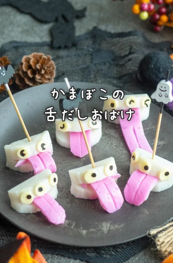 かまぼこの舌だしおばけ。ピンクの舌を出した目付きのおばけが皿に並ぶ