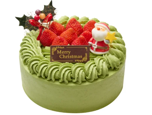 お茶屋のクリスマスケーキ〔抹茶/白〕の抹茶、苺とサンタ飾り付き