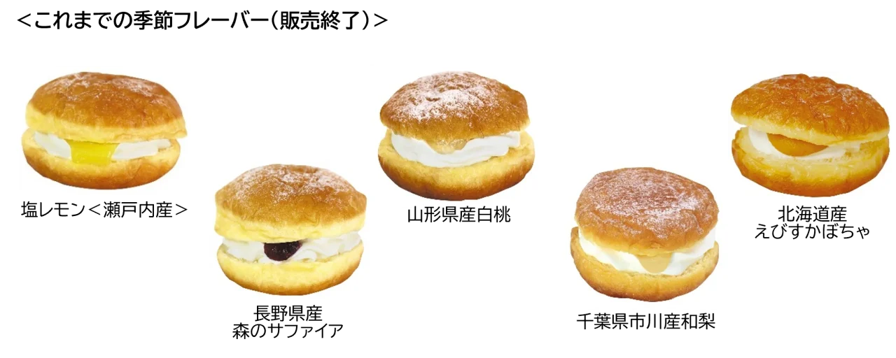 不二家の生ドーナツのこれまでの季節フレーバー5種の並び