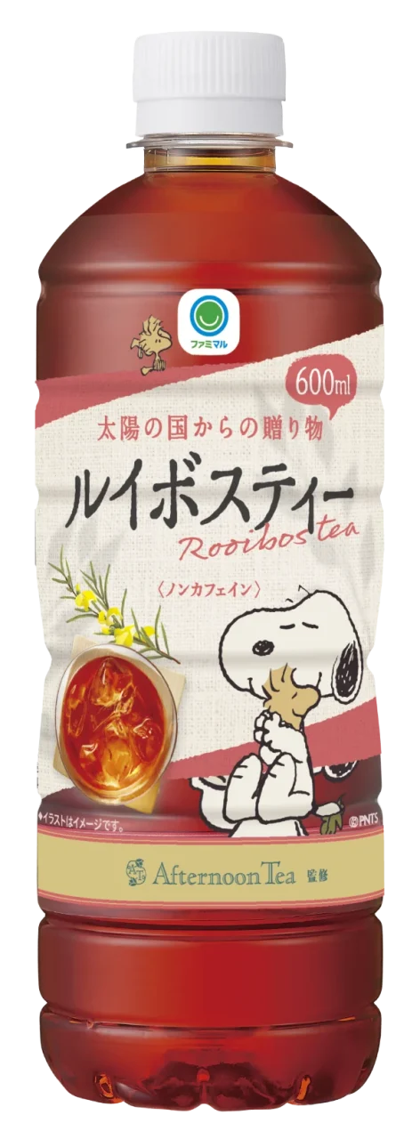Afternoon Tea監修 ファミマル ルイボスティー600ml、スヌーピーのラベル