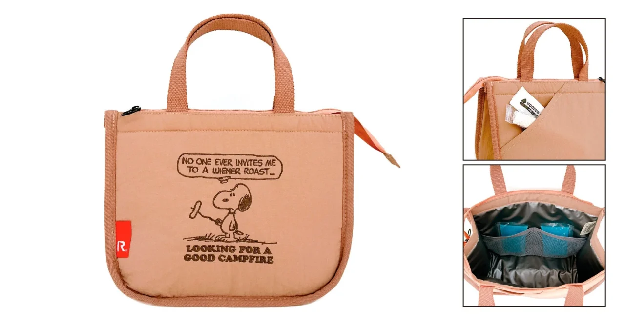PEANUTS ROOTOTE サーモキーパー デリバッグ。スヌーピー刺繍のピンクベージュのバッグ