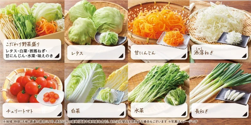 こだわり野菜盛りやレタス、白菜、水菜、長ねぎなど野菜8種の一覧