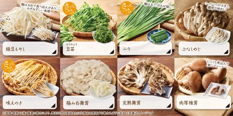緑豆もやしや豆苗、ニラ、ぶなしめじなど野菜・きのこ8種の食べ放題メニュー