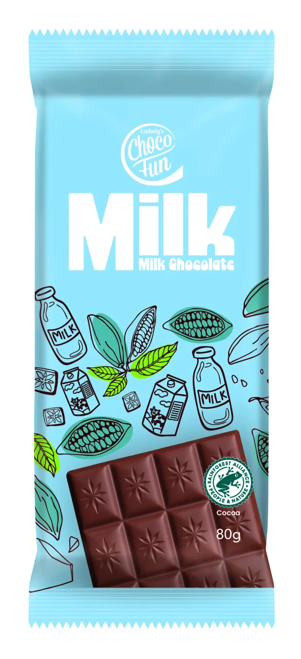 チョコファン ミルクチョコレートのパッケージ。水色で板チョコ、80g表記