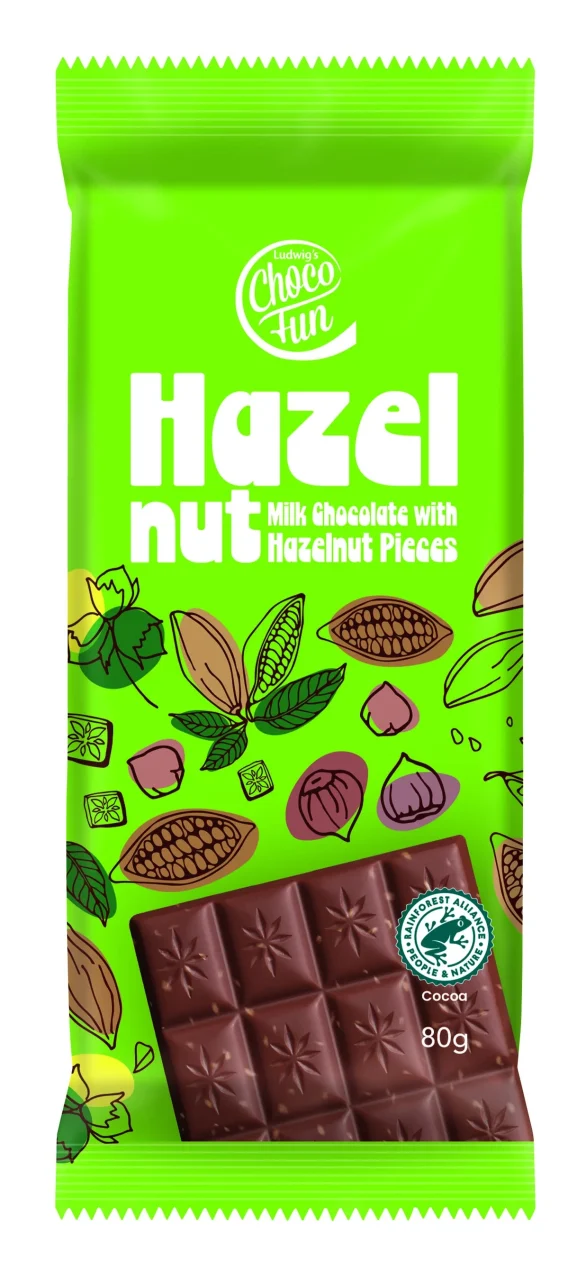 チョコファン ヘーゼルナッツ入りミルクチョコレートの緑色の80gパッケージ