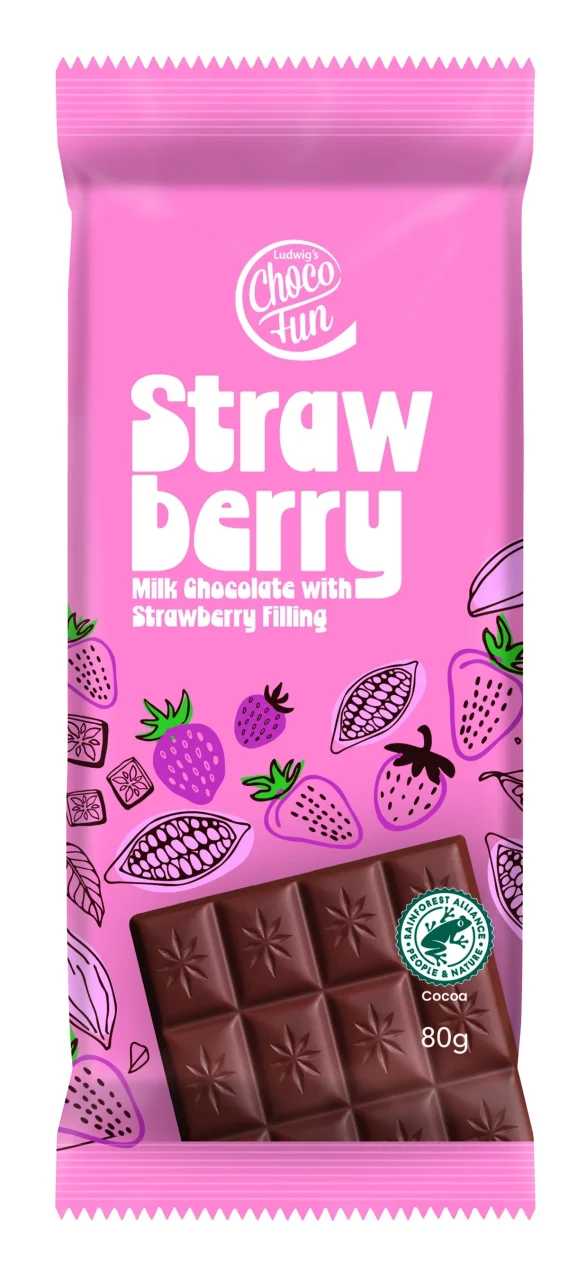 チョコファン ストロベリー味の板チョコ80gピンクのパッケージ