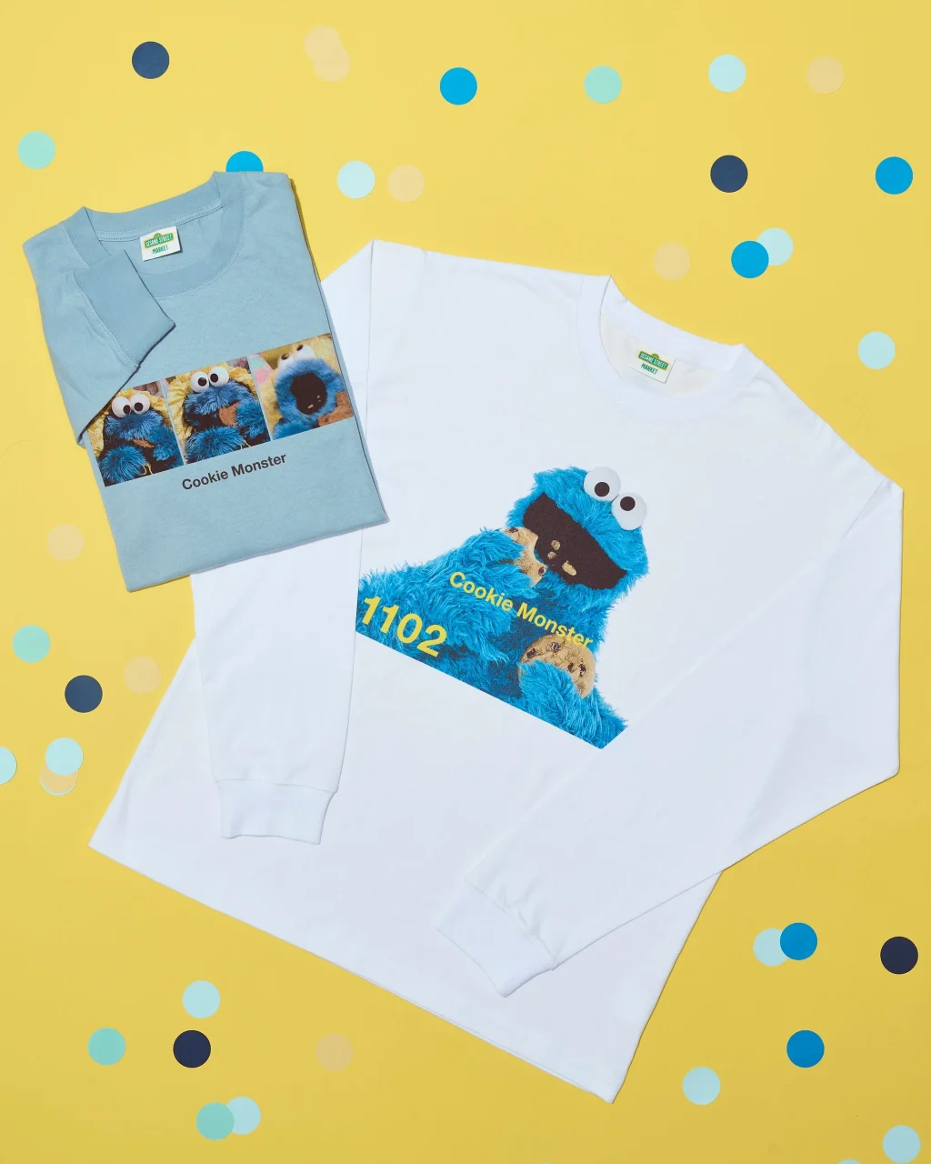 フォトアートロングTシャツ ブルーとオフホワイトのクッキーモンスター柄