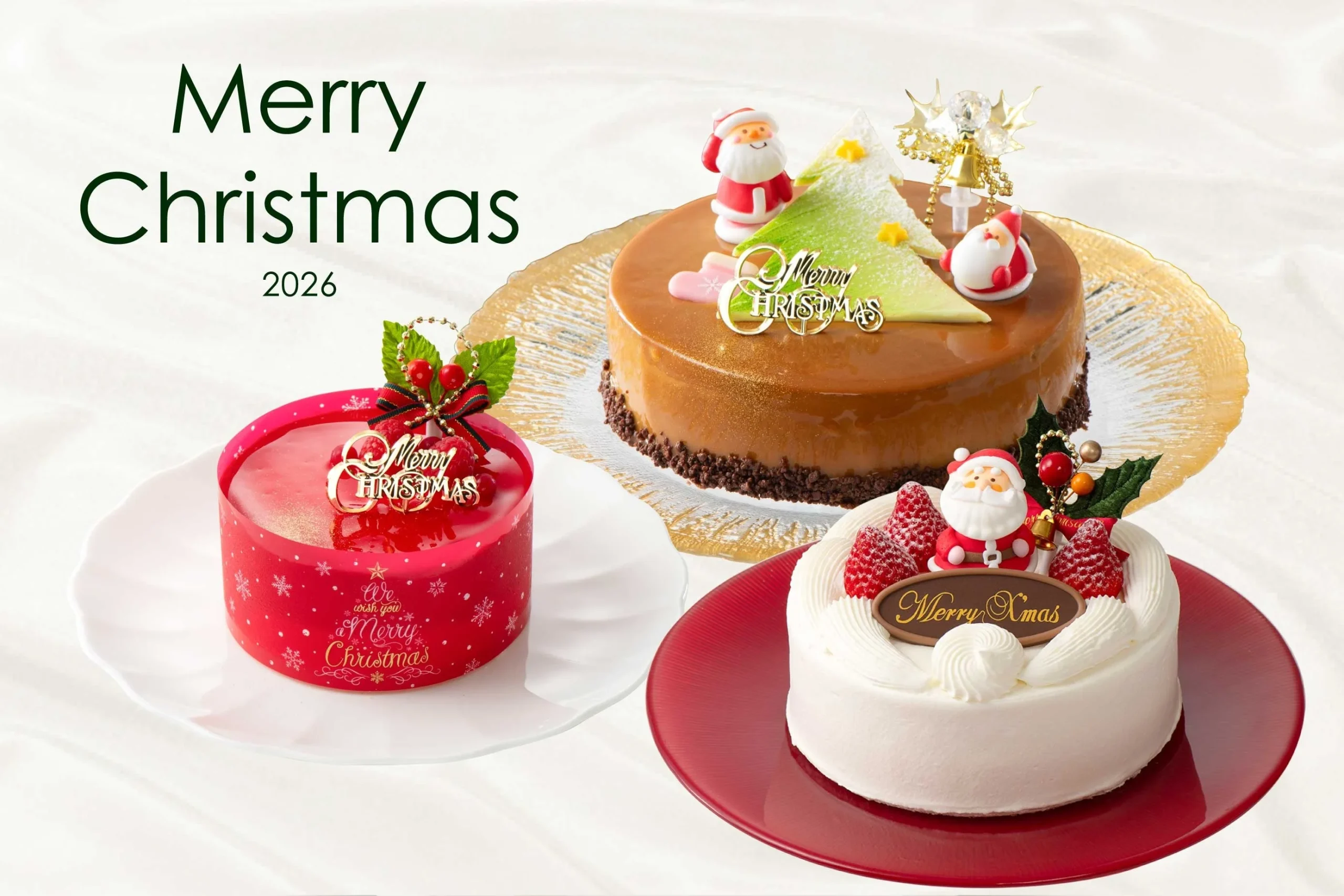 バイカルのクリスマスケーキ3種。赤いムース、チョコケーキ、生クリームケーキ