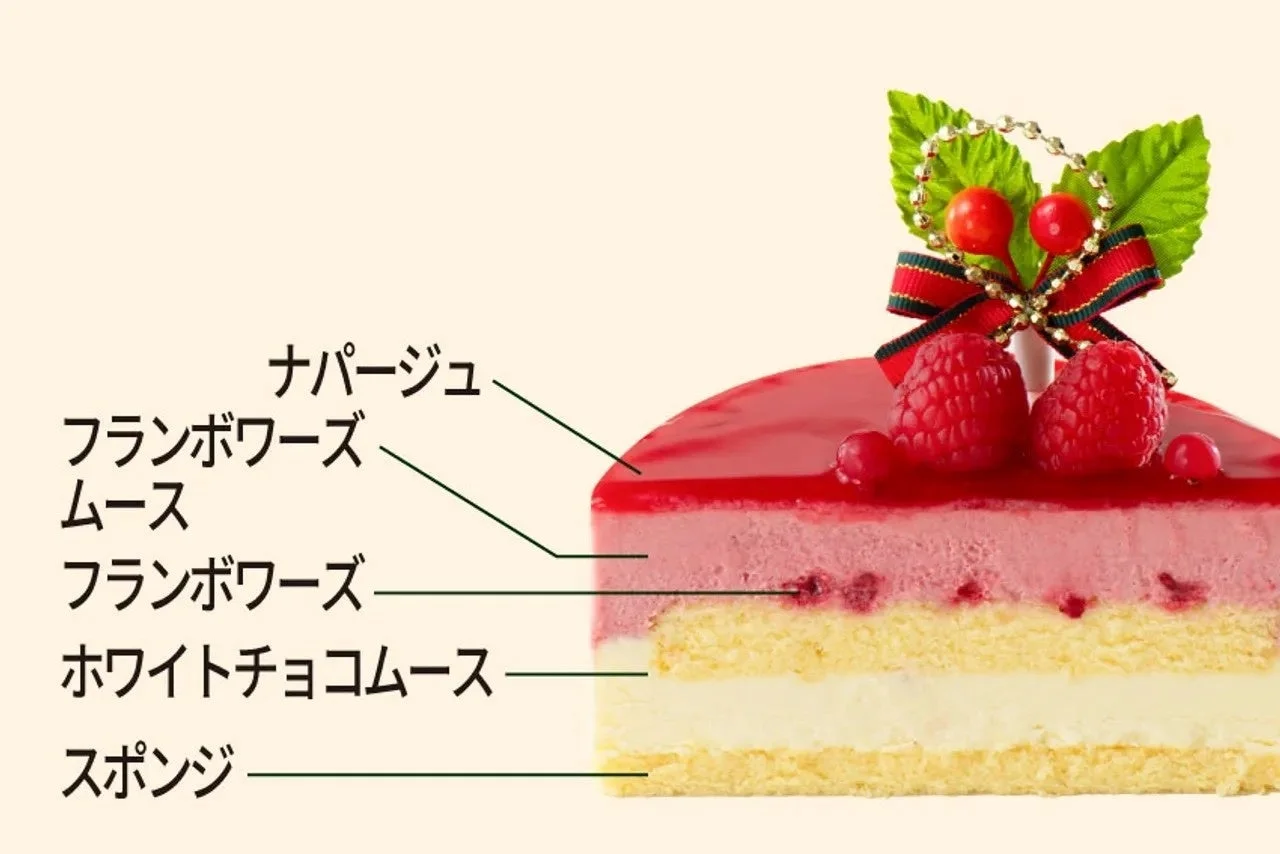 ジュエルの断面図。ナパージュ、フランボワーズムース、ホワイトチョコムース、スポンジの層