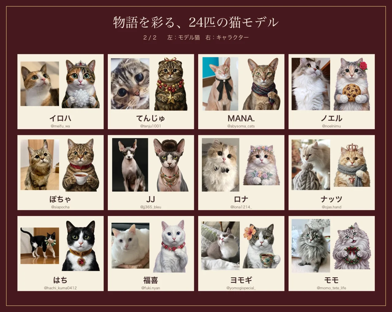 モデル猫24匹の写真とキャラクターを並べた紹介画像(2/2)