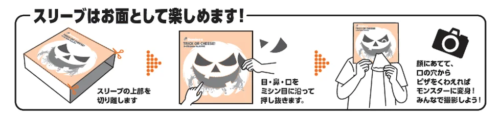 ハロウィンボックスのスリーブをお面にして遊ぶ手順の説明イラスト