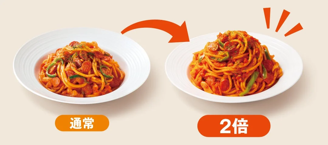 パスタ2倍盛り：通常盛りと2倍盛りのナポリタン風パスタの比較