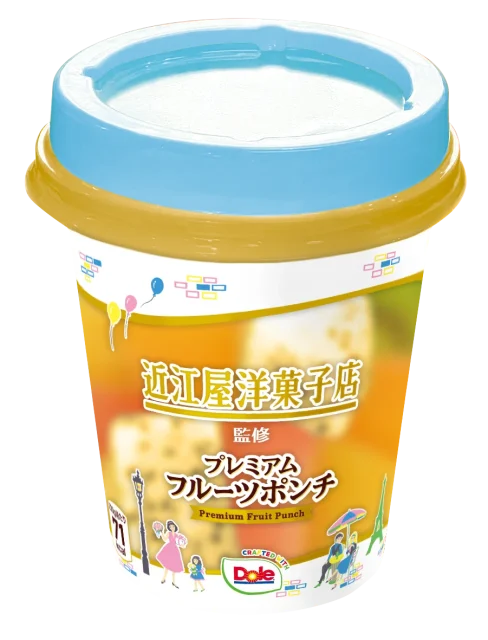 近江屋洋菓子店監修 プレミアムフルーツポンチのカップ商品。水色のフタ