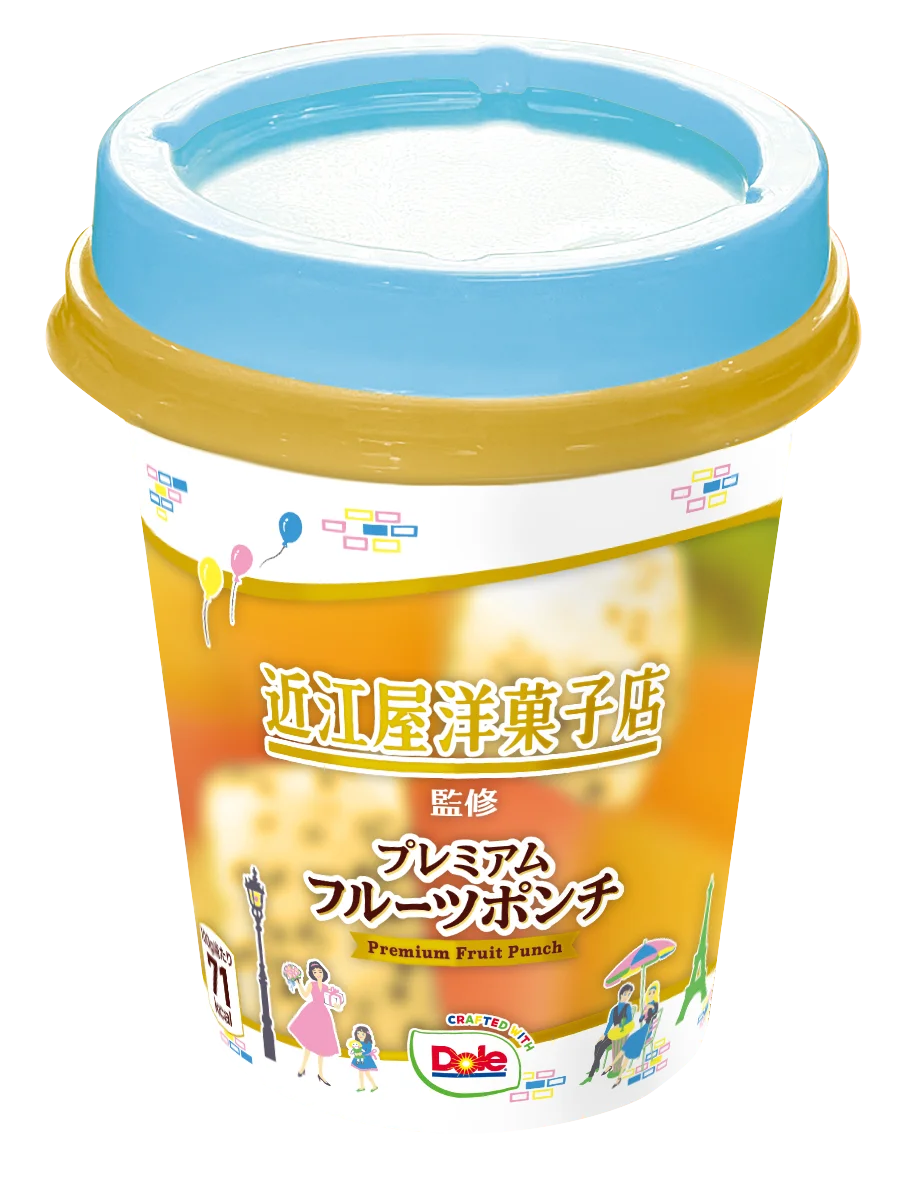 近江屋洋菓子店監修 プレミアムフルーツポンチのカップ商品。水色のフタ