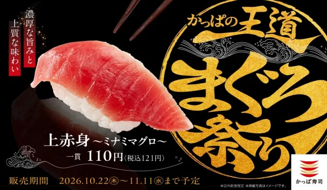 かっぱの王道まぐろ祭りの告知。上赤身～ミナミマグロ～の握り