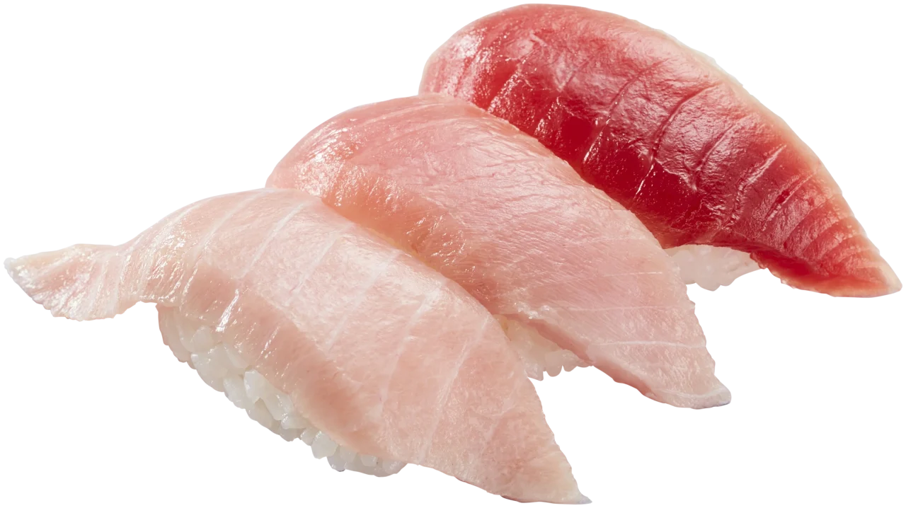 贅沢 ミナミマグロ 3種食べ比べ。大とろ・中とろ・上赤身の握り三貫