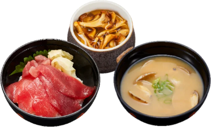 まぐろ2種食べ比べ 鉄火小丼セット。鉄火丼、茶碗蒸し、あさりの味噌汁