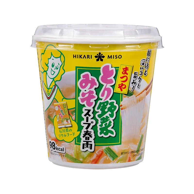 『とり野菜みそスープ春雨 カップ』の黄色いカップ商品パッケージ