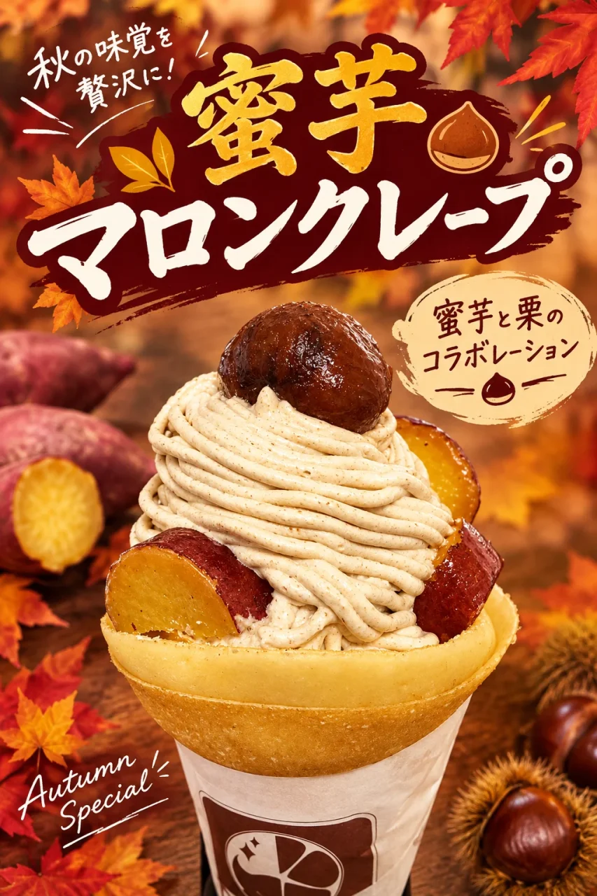 蜜芋マロンクレープ。栗クリームに蜜芋と栗をのせた秋季限定の告知画像