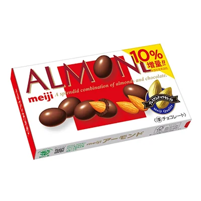 「アーモンドチョコレート」の箱。10%増量の表示、チョコ粒とアーモンド