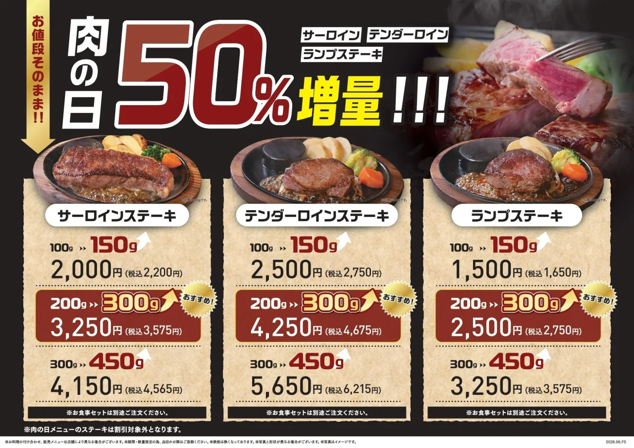 肉の日50%増量のサーロイン・テンダーロイン・ランプステーキ価格表