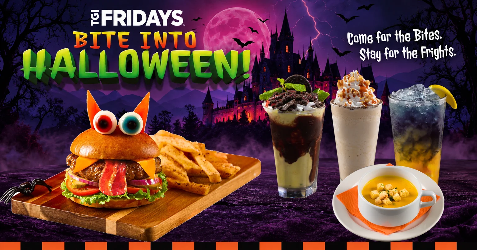 TGI FRIDAYSのハロウィン告知。バーガー、ドリンク3種、スープが並ぶ
