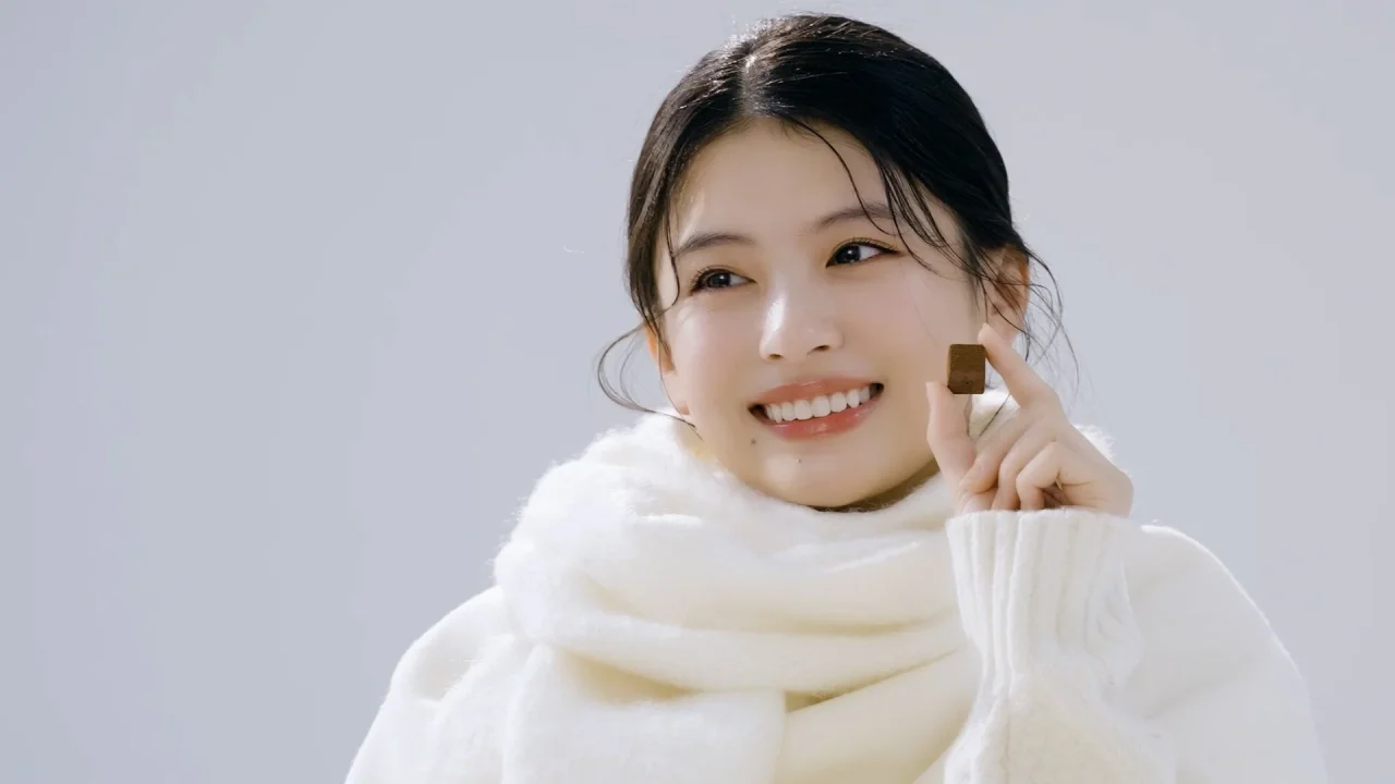 白いニットとマフラー姿の出口夏希さんがチョコを手に微笑む