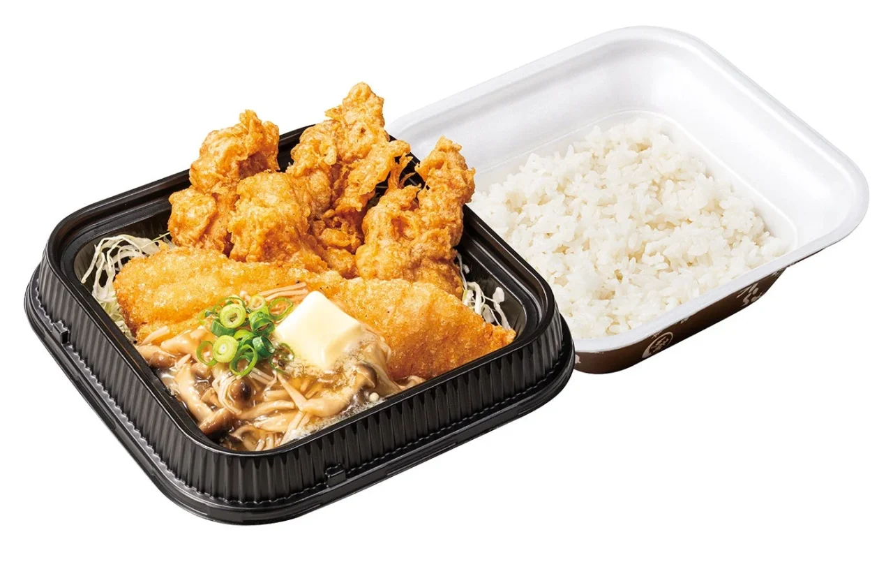 出汁とり天と白身魚からあげのきのこバターあんかけ弁当
