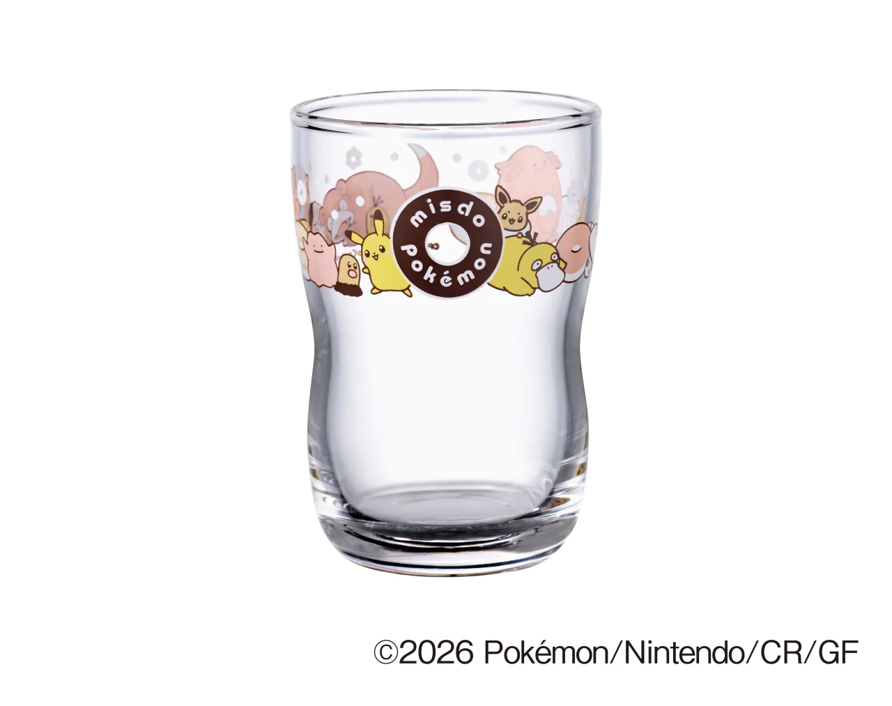 つよいこグラス(大)。中程がくびれた透明グラスにポケモンたちとmisdo pokémonのロゴ