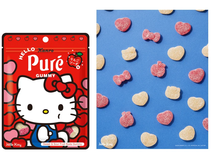 ピュレグミ×ハローキティ りんごソーダ味のパッケージと、青背景に並ぶグミ粒