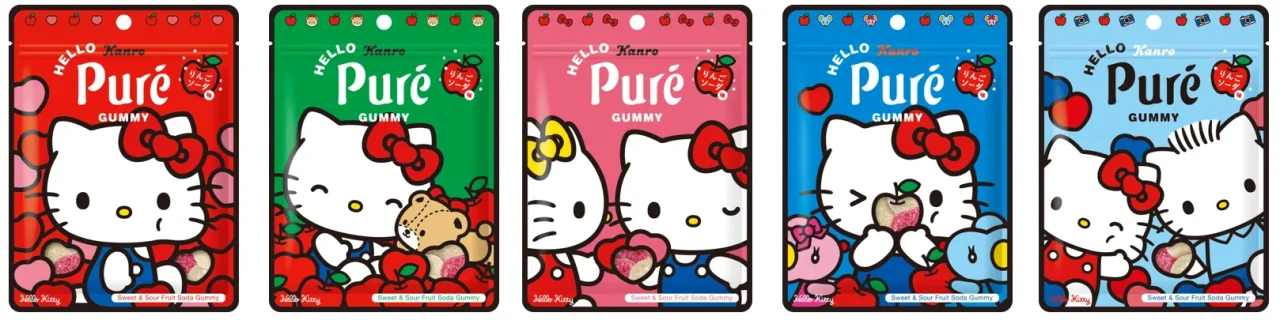 ピュレグミ×ハローキティ りんごソーダ味の全5種パッケージ
