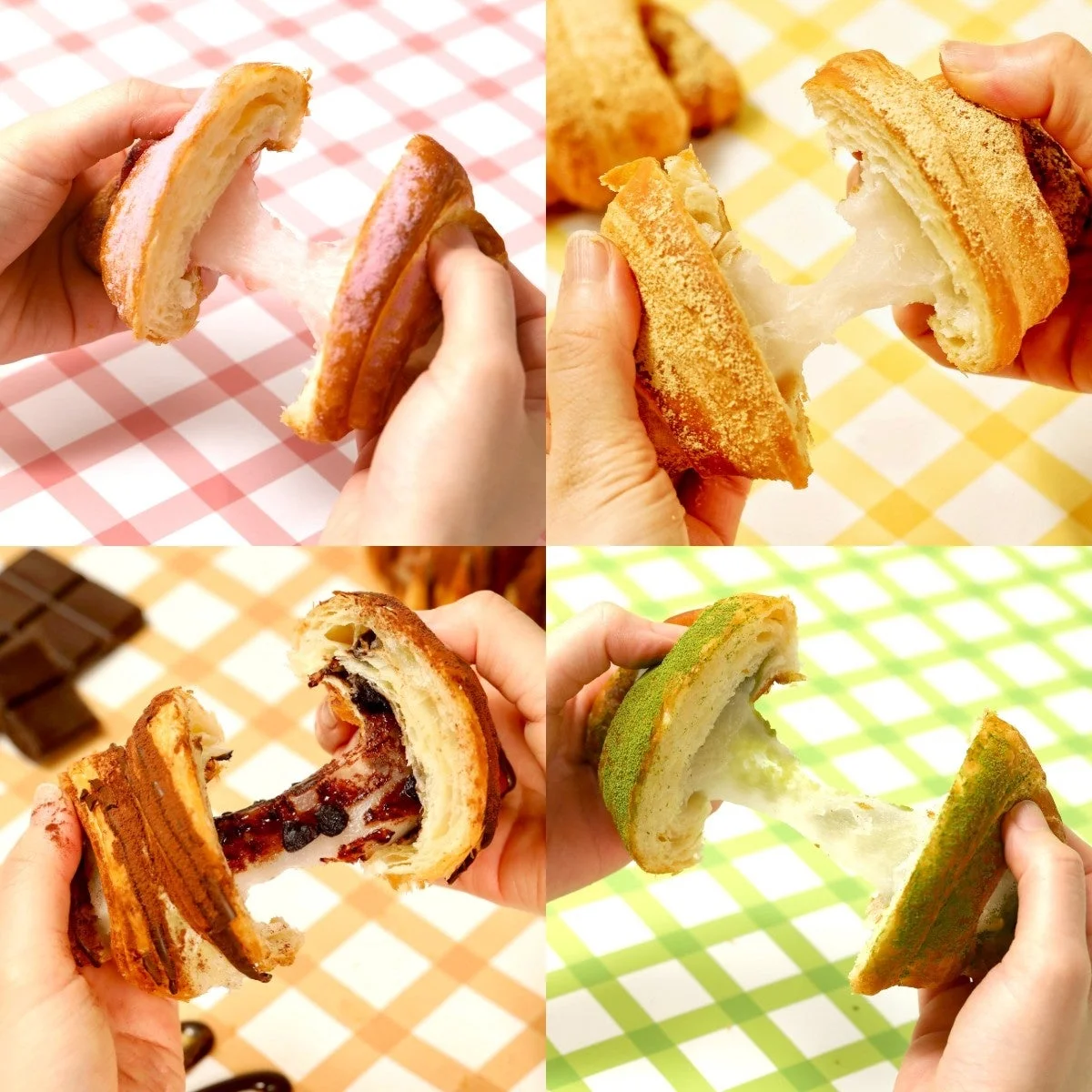 クロッチ 全4種の断面。餅が伸びるクロワッサン4種のコラージュ