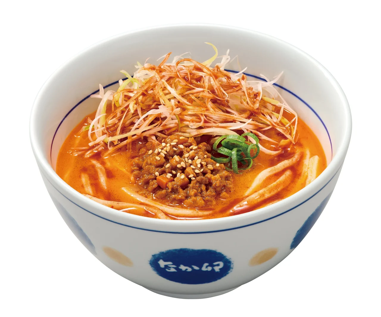 痺辛麻辣担々うどん。白髪ねぎと麻辣だれをのせた赤いスープのうどん
