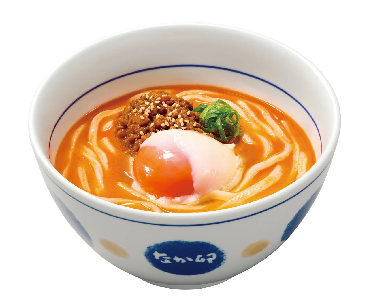 温たま担々うどん。赤みのあるスープに温泉卵、ひき肉だれ、青ねぎをのせた丼