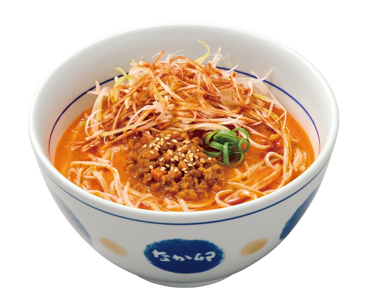 痺辛麻辣担々そば。白髪ねぎと肉味噌をのせた赤いスープの丼