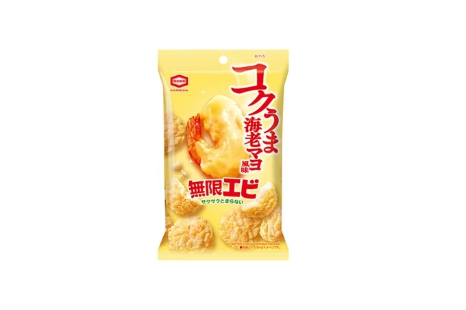 無限エビ 海老マヨ風味のパッケージ。黄色い袋にエビとせんべい