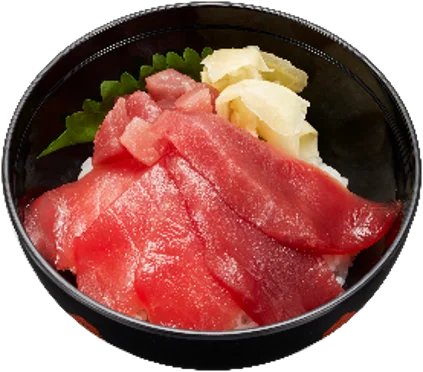 まぐろ2種食べ比べ 鉄火小丼。黒い丼にまぐろの赤身とガリを盛った様子
