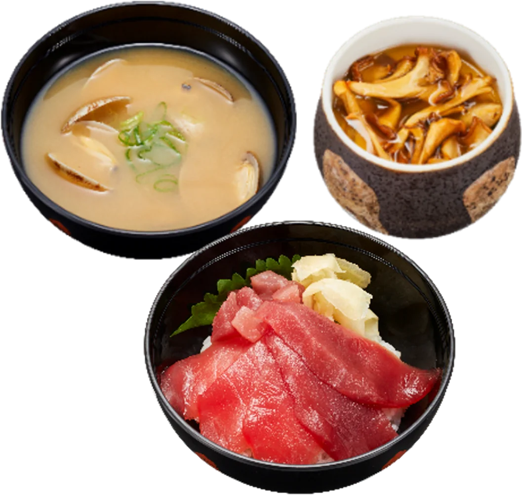 まぐろ2種食べ比べ 鉄火小丼セット。鉄火小丼、あさりの味噌汁、茶碗蒸し