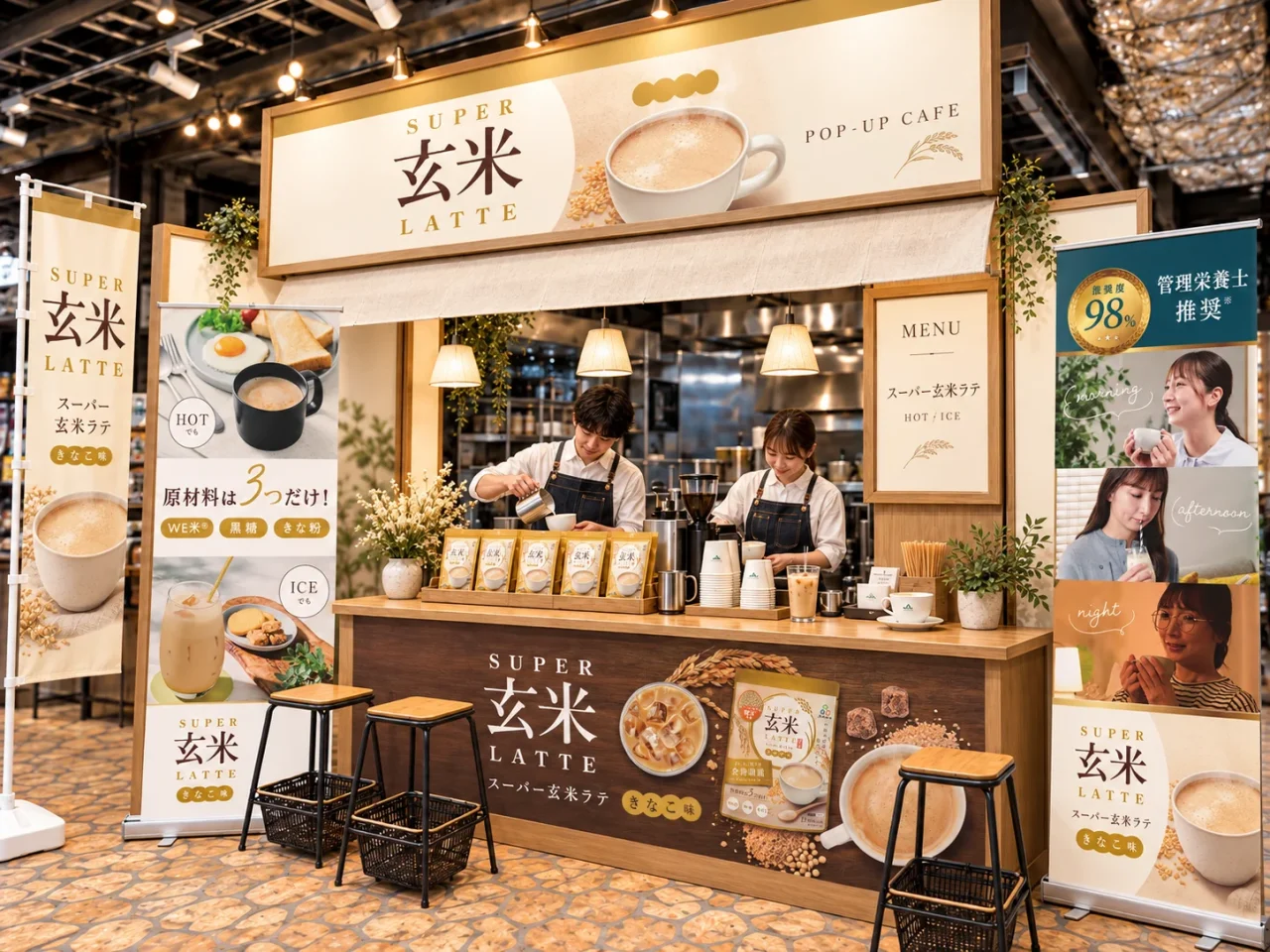 スーパー玄米ラテのポップアップカフェ店頭。スタッフが提供する様子